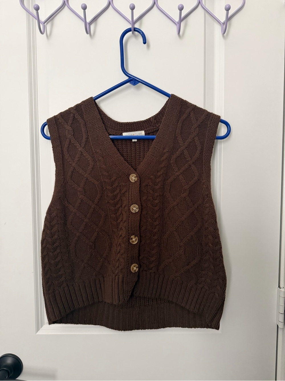 Ultra Flirt Brown Cable Knit V-Neck Button Front Sweater Vest